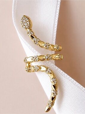 Snake Serpent Scale Textured Long Ear Cuff | 14K Gold Plated with Cubic Zirconia